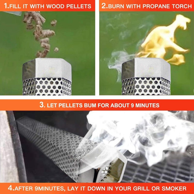 JIIGAAT 12" Pellet Smoker Tube for pellet Grill 2 Pack Cold Smoker Generator for BBQ Stainless Steel Wood Pellet Tube Smoker Fit Electric Gas Charcoal Grill, Provides Food tong and Brush and Hook - Image 4